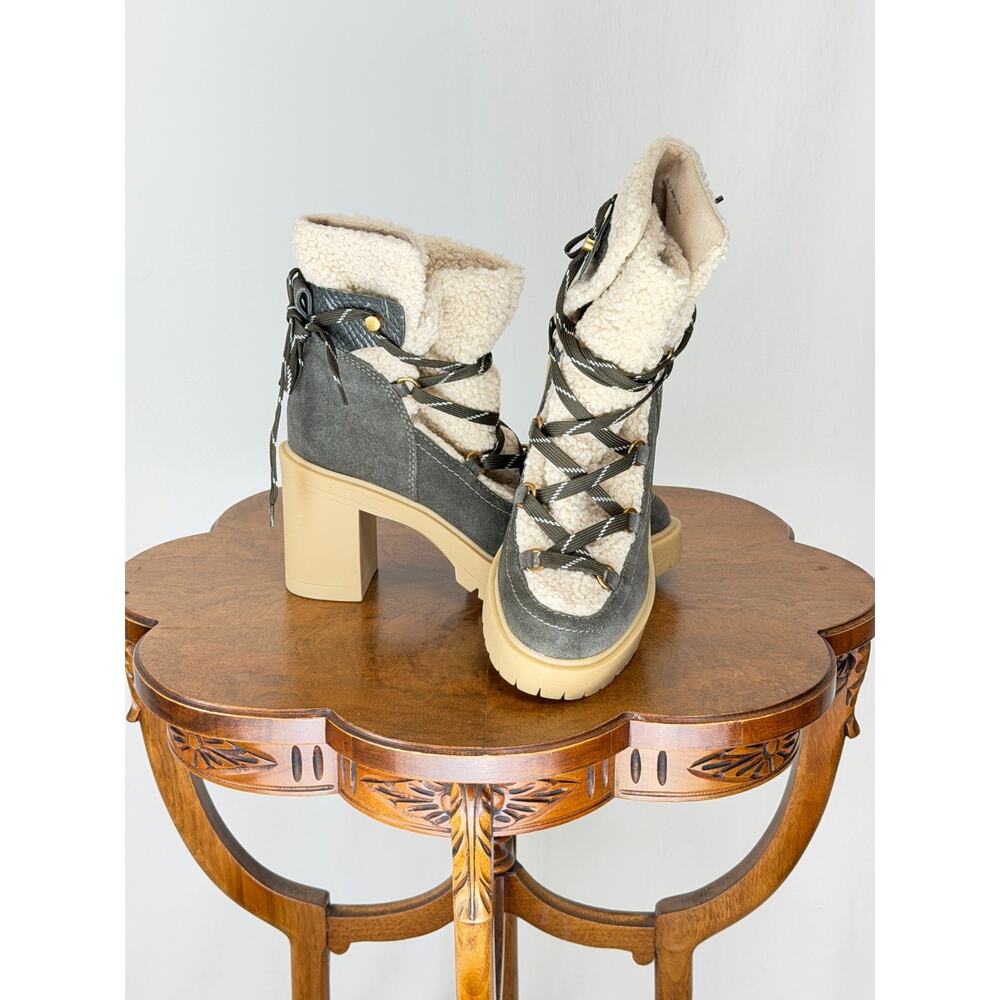 Dolce Vita Sherpa Lined Lace Up Gray/Brown Boot 3.5" Heel Womens 7.5 #0143C